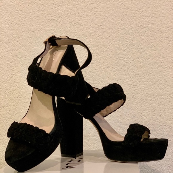 Black Suede Block Heel Platform Heels - Picture 4 of 14